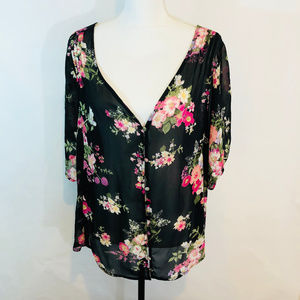 Torrid Y Neck Black Floral Blouse